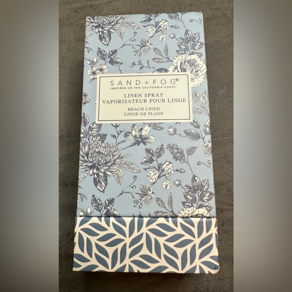 New Sand + Fog Linen Spray in Blue Floral Packaging with a Beach Linen Scent